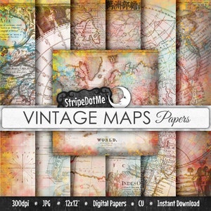 Vintage kaarten digitaal papier 12 ontwerpen Europa, Azië, Afrika, Amerika, oude wereld, Maps helder - Instant downloaden - commercieel gebruik 00017