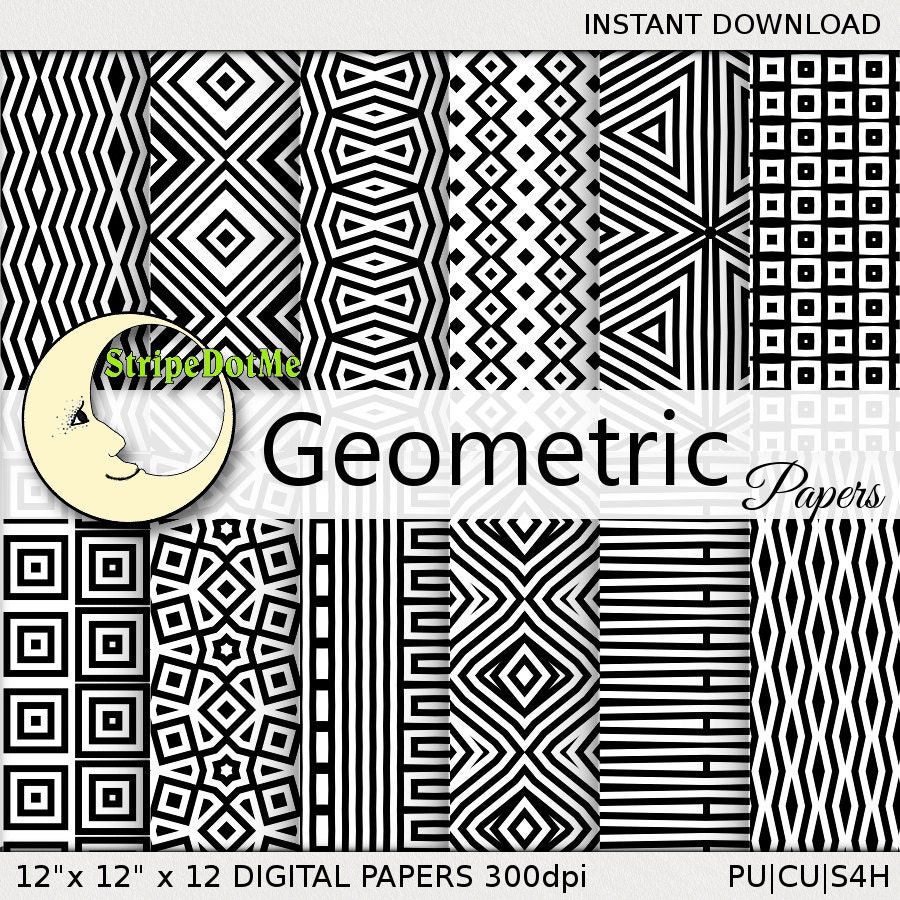 Geometric Digital Paper Black and White Stripes Squares Chevron ...