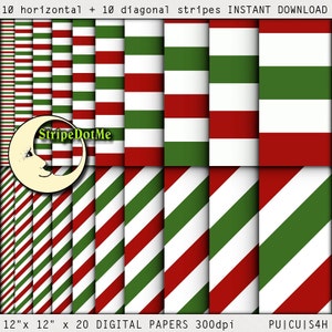 20 Digital Papers Christmas Red Green and White Stripes Horizontal Diagonal Paper Pack 12" Papers - Instant Download - Commercial Use 00070