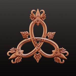 May include: A wooden decorative ornament with a triquetra design. The ornament is intricately carved with a brown finish.