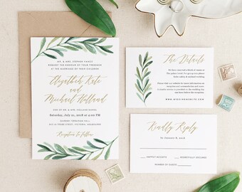 Greenery Wedding Invitation Template, Printable Wedding Invitation, Invitation Suite, Botanical Calligraphy | Edit in Word or Pages