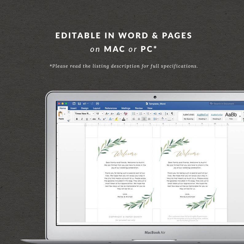 Wedding Travel Cards Edit in Word or Pages Greenery Welcome Card Template Printable Welcome Cards Wedding Welcome Cards