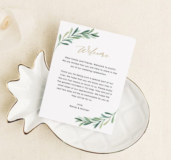 greenery welcome card template wedding welcome cards printable welcome cards wedding travel cards edit in word or pages welcome cards template