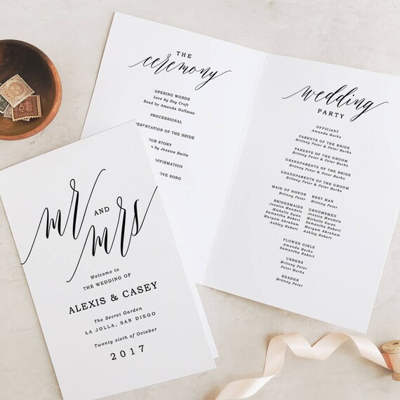 Wedding Programs Template Printable Wedding Program Folded Etsy