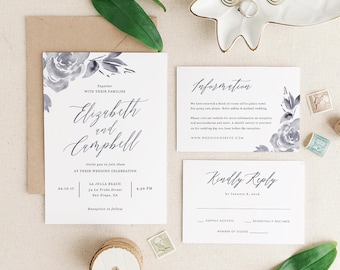 Wedding Invitation Template, Printable Wedding Invitation, Floral Wedding, Romantic Calligraphy, Edit in Word or Pages