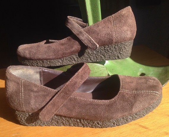 Early 90s Wedge Mary Janes Chocolate Brown Leathe… - image 2