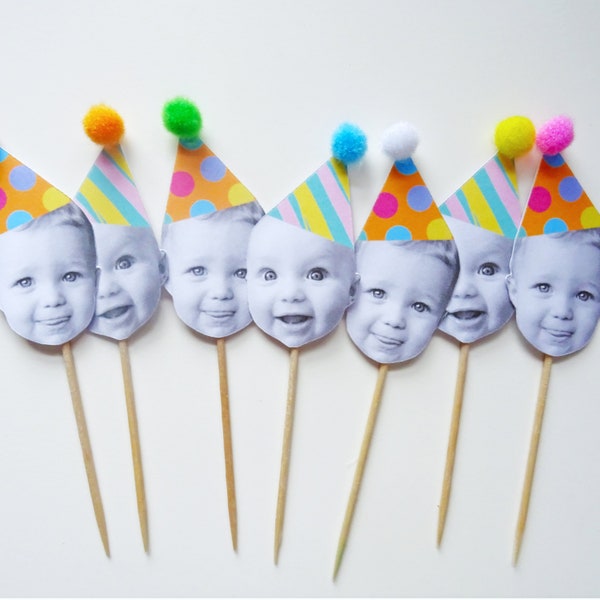 Personalised Face, Happy Heads, Cocktail Stick,  12 Cupcake Toppers with Pom Pom Party Hats, Pastel Brights