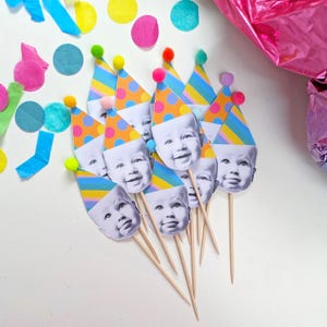 Personalised Face Cupcake Toppers, Party Hats, Pom Poms, Set of 12