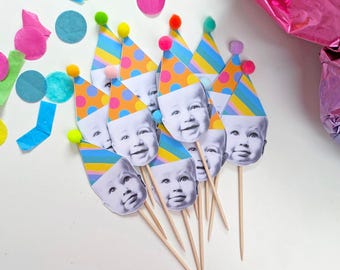 Personalised Face Cupcake Toppers, Party Hats, Pom Poms, Set of 12