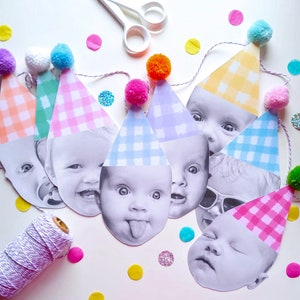 Personalised Face, Gingham Happy Head Garland/Bunting with Pom Pom Party Hats