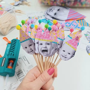 Personalised Face Cupcake Toppers, Floral Party Hats, Set of 12