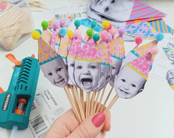 Personalised Face Cupcake Toppers, Floral Party Hats, Set of 12