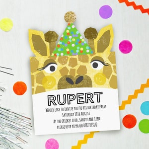 Party Animal Birthday Invitations- Giraffe with Glitter Party Hat