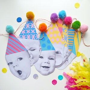 Personalised Face, Happy Head Garland/Bunting with Pom Pom Party Hats