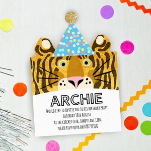 Party Animal Birthday Invitations- Tiger with Glitter Party Hat