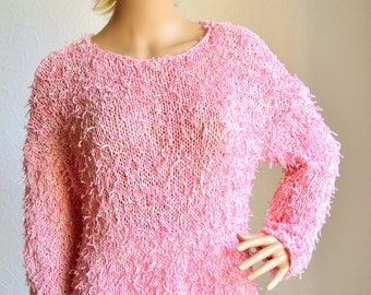 Hand Knit Women's Cotton - Viscose Pink Fringes Sweater