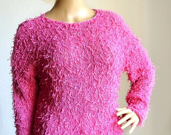 Hand Knit Women's Cotton - Viscose Pink Fringes Sweater