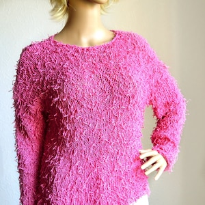 Hand Knit Women&#39;s Cotton - Viscose Pink Fringes Sweater