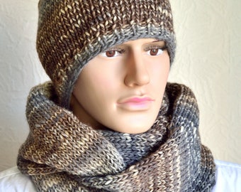 Hand knitted alpaca wool men's hat and snood scarf