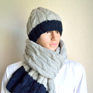Hand knitted men&#39;s alpaca wool hat & scarf set