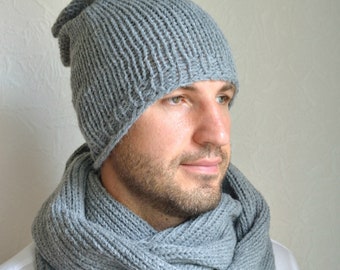 Hand knitted alpaca wool men's hat and snood scarf