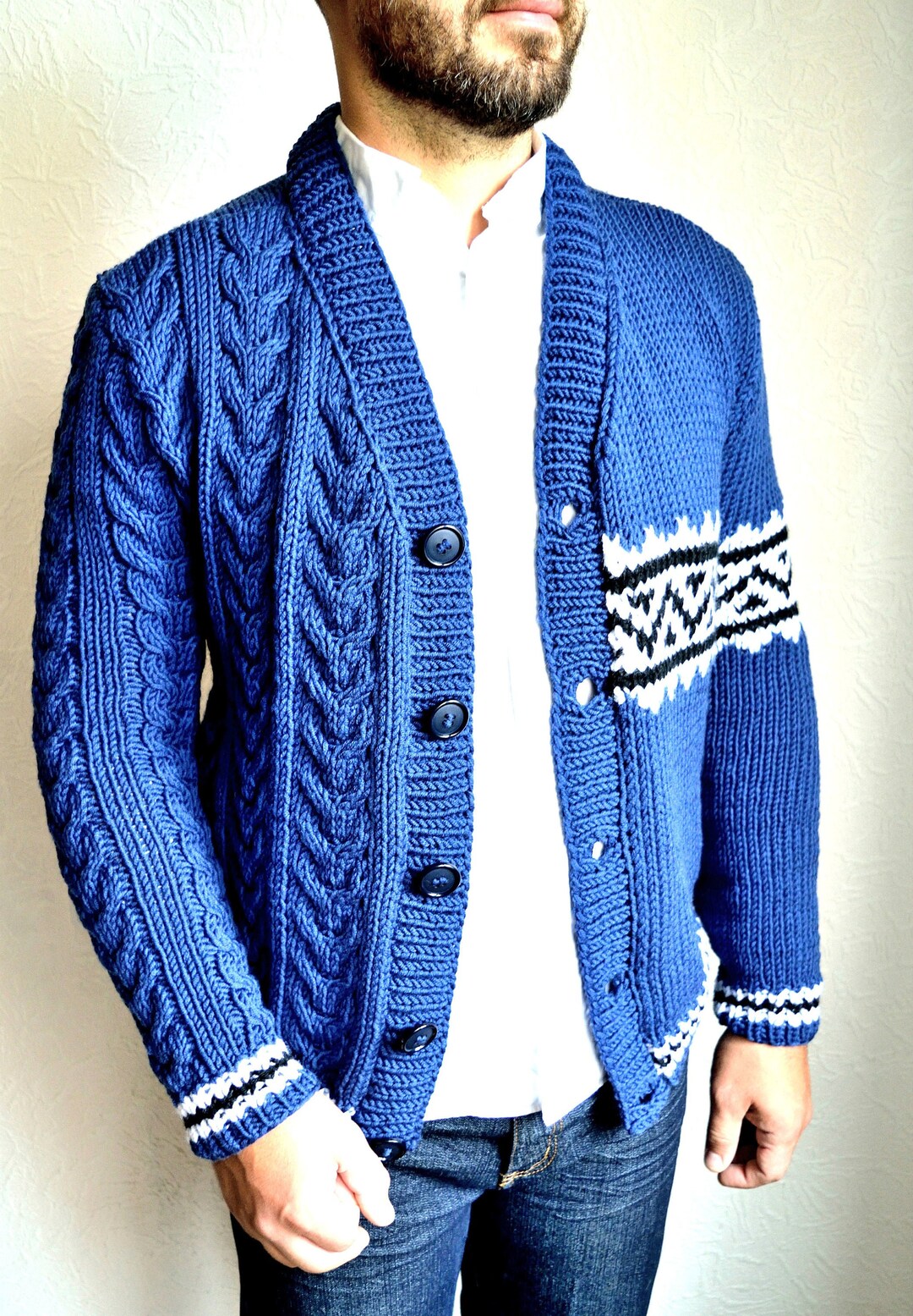 Hand Knitted Men's 100 Merino Wool Cardigan Etsy