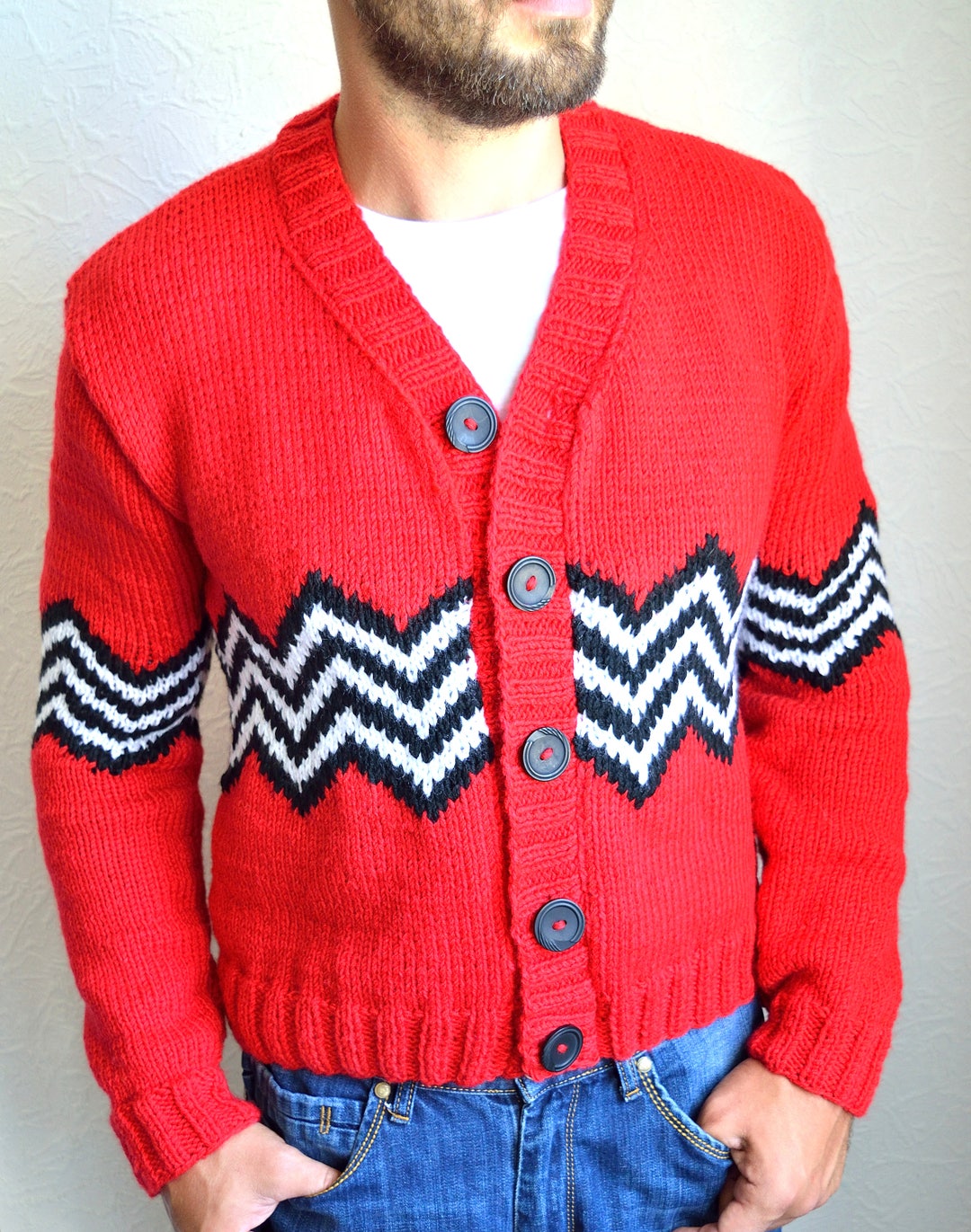 Hand Knitted ''twin Peaks'' Men's Cardigan - Etsy