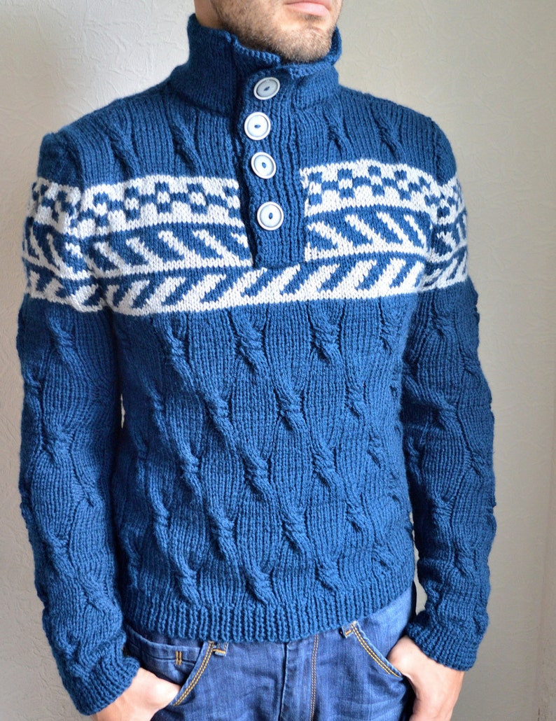 Hand knitted men's merino wool sweater image 3