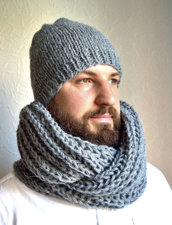 Hand Knitted Men's Alpaca Wool Hat and Snood Scarf 