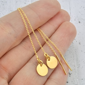 Ccircle long coin earrings, sterling silver dangle chain threader geometric minimalist and dainty tiny and delicate gift for her