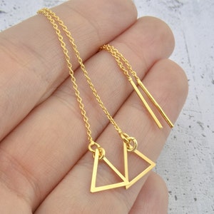 Sterling silver triangle earrings long and dangle chain threader geometric minimalist and dainty mismatched tiny delicate gift for her