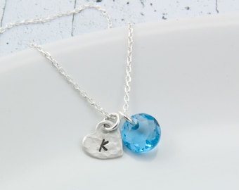 March birthstone aquamarine necklace crystal initial sterling silver, personalised birthday gifts for her best friend