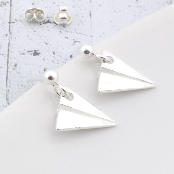 Paper plane earrings, sterling silver drop studs, minimalist gift for her
