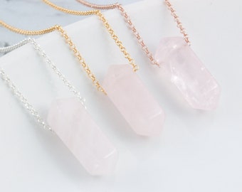 Rose quartz dainty necklace, crystal pendant, delicate pillar jewelry