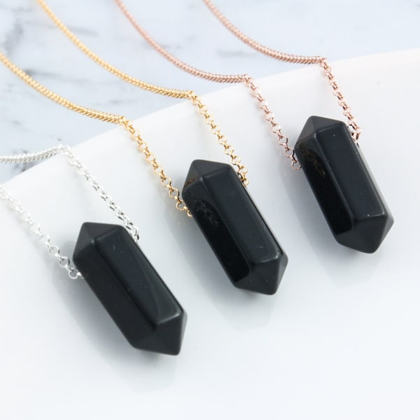 Onyx dainty necklace, crystal pendant, delicate pillar jewelry