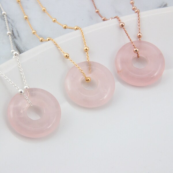 Rose quartz donut necklace, circle big hole crystal pendant, women and girl gemstone jewelry gift