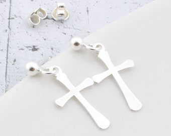 Cross earrings, sterling silver drop studs, minimalist gift for her