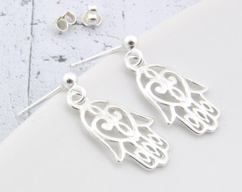 Hamsa hand of Fatima earrings, sterling silver drop studs, minimalist gift for her