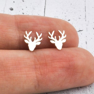 Deer earrings, reindeer sterling silver animal studs, minimalist and dainty, tiny and small gift fof her in box