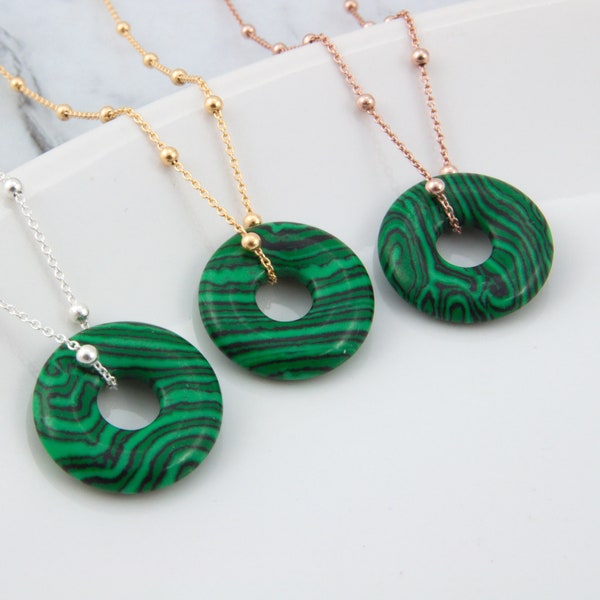 Collier donut en malachite, pendentif cercle en cristal gros trou, cadeau bijoux en pierres précieuses pour femme et fille