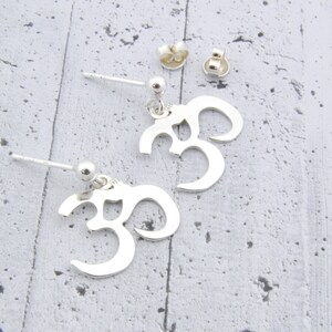 Ohm om earrings, sterling silver drop studs, minimalist gift for her image 3