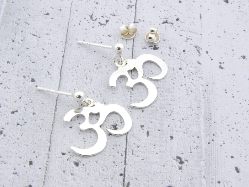 Ohm om earrings, sterling silver drop studs, minimalist gift for her image 3