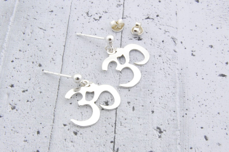 Ohm om earrings, sterling silver drop studs, minimalist gift for her image 7