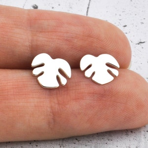 Monstera leaf studs earrings sterling silver, minimalist and dainty, mismatched stud, tiny and small gift fof her in personalized box