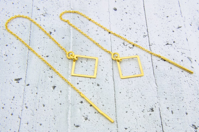 Square earrings, long chain threader, geometric, minimalist and dainty tiny and delicate sterling silver gift for her image 4