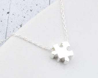 Puzzle piece bff necklace, sterling silver 3D pendant, minimalist best friend birthday gifts