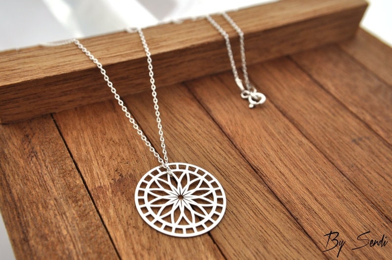 Rosette necklace, sterling silver mandala pendant, best friend birthday gift image 3