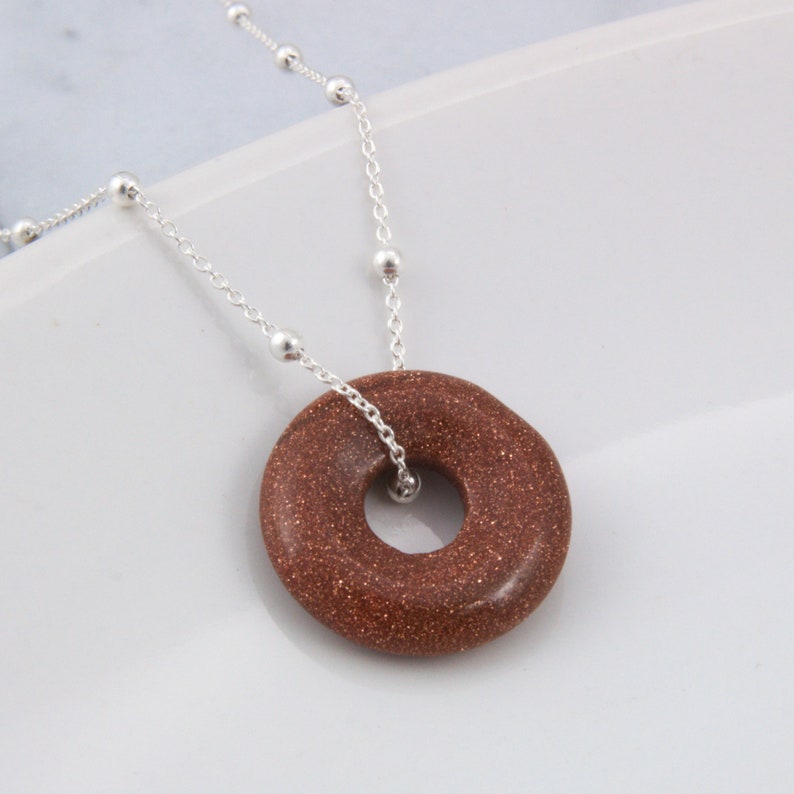 Sand stone donut necklace, circle big hole crystal pendant, women and girl gemstone jewelry gift image 6