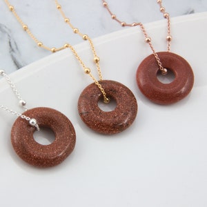 Sand stone donut necklace, circle big hole crystal pendant, women and girl gemstone jewelry gift image 5