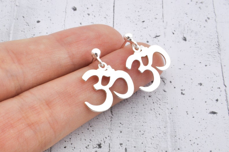 Ohm om earrings, sterling silver drop studs, minimalist gift for her image 6